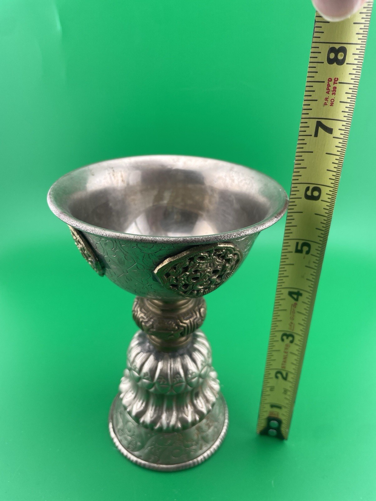 Vintage Tibetan Buddhist Butter Oil Alter Lamp Ornate Repousse Etched Designs