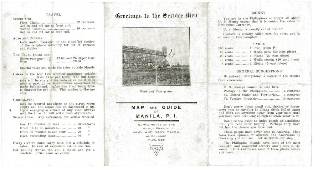 1920s U.S. Army & Navy YMCA Manila, PI Map & Guide #8A