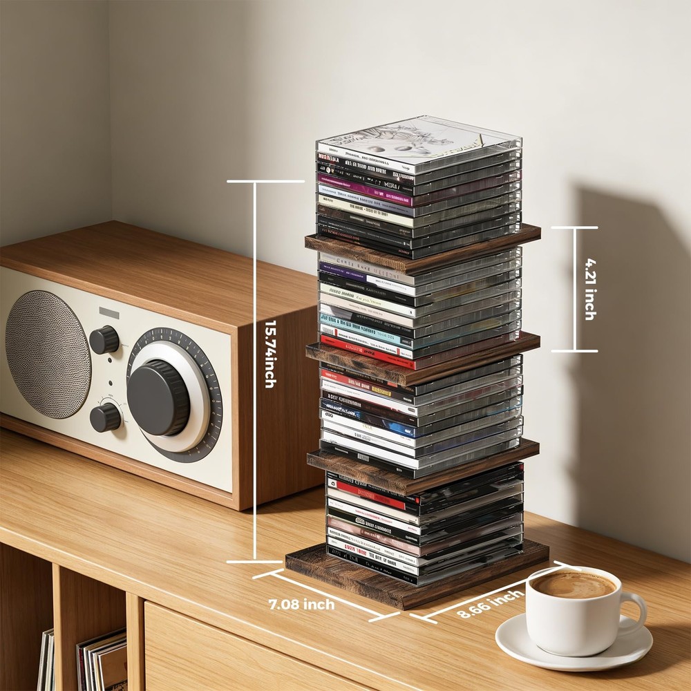 4-Tier Solid Wood & Matte Black Iron CD DVD Storage Rack & Holder with Top Ca...
