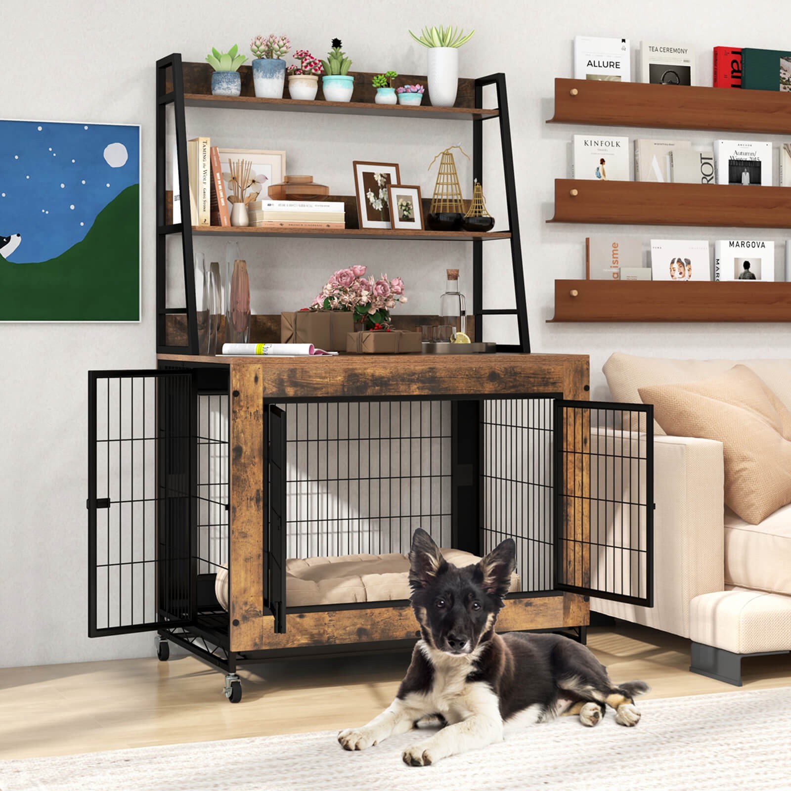 Dog Crate Furniture with Storage Shelves Industrial Dog Kennel w/ Flip-up Top