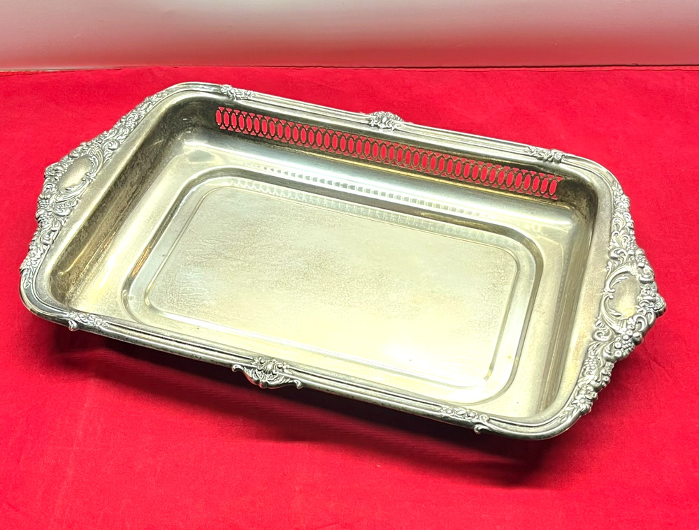 VTG 19" Tarnished Silver Plated Rectangular Butler Serving Tray Pierced Gallery