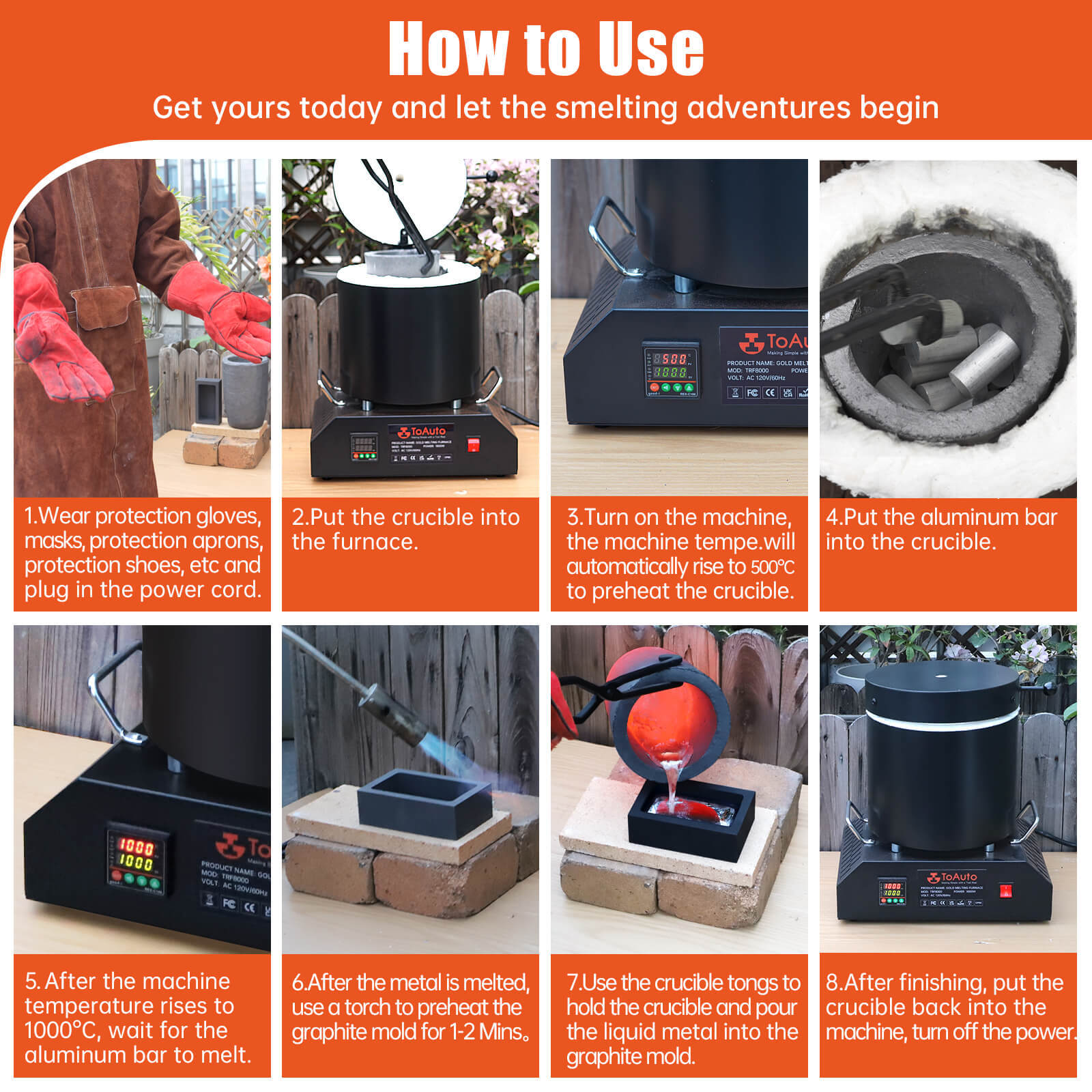 TOAUTO 8KG Electric Aluminum Melting Furnace 1800W Smelter Temperature Control