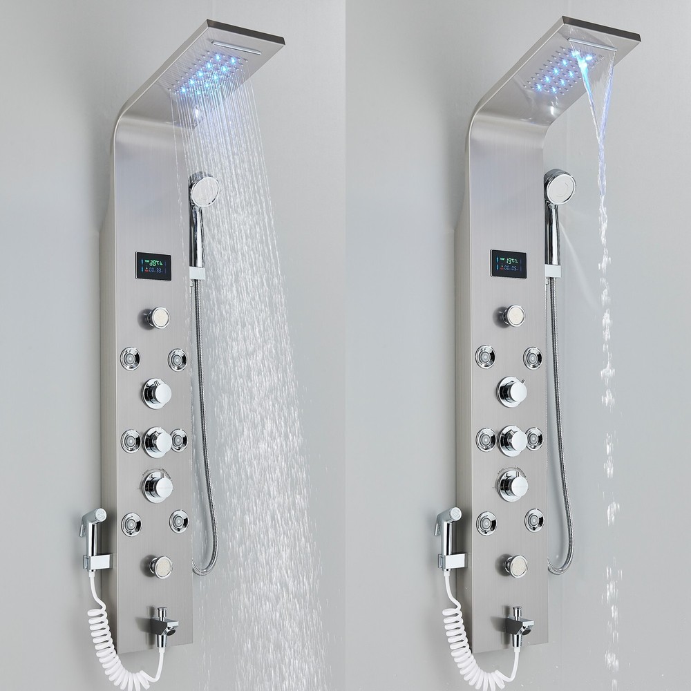LED Rain&Waterfall Shower Panel Tower System with Tub Spout Massage Jet