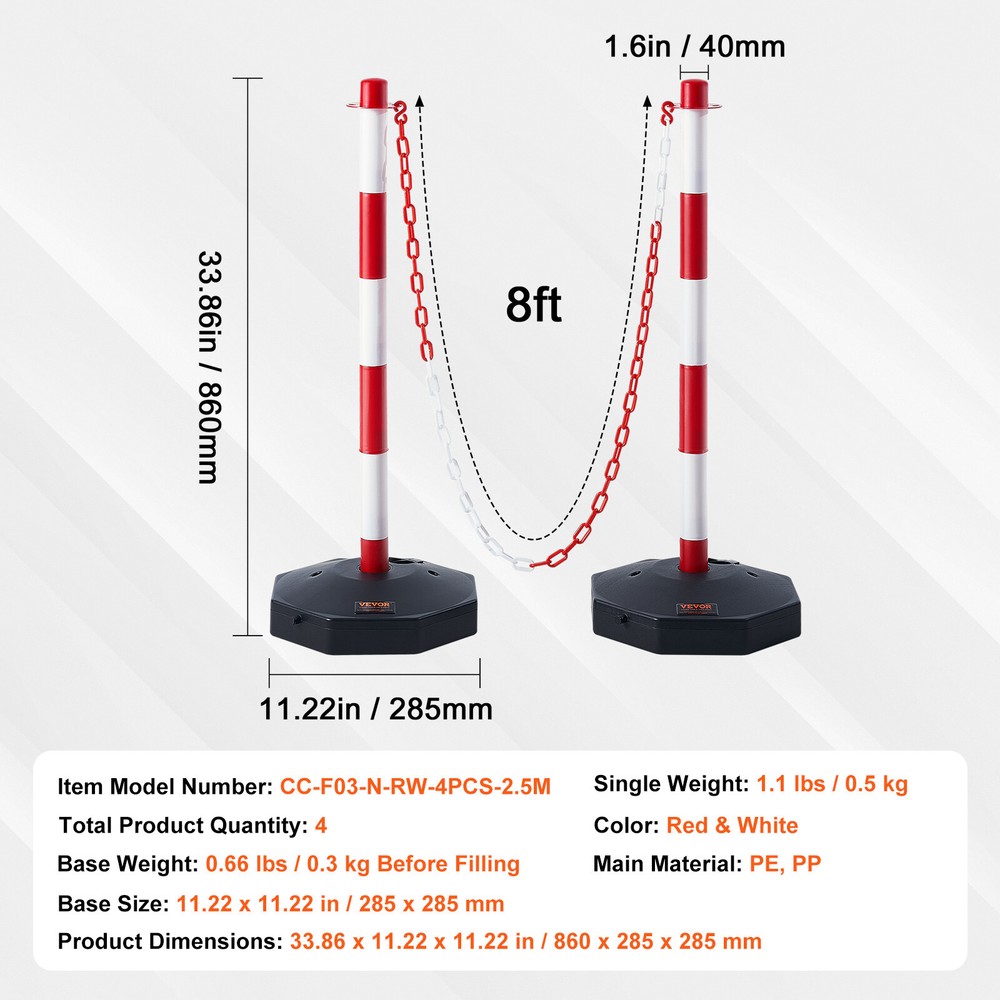 VEVOR 4PCs Traffic Delineator Post Cones with Fillable Base 8FT Chain Adjustable