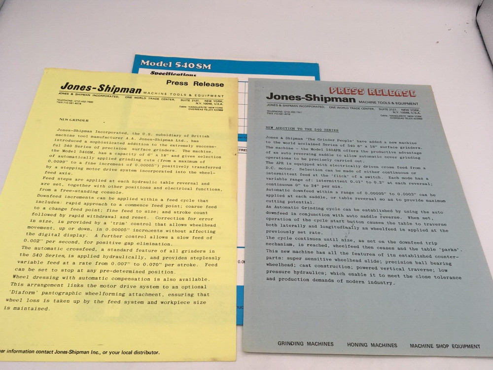 VINTAGE JONES-SHIPMAN SURFACE GRINDING MACHINE- SALES/SPECIFICATION BROCHURE