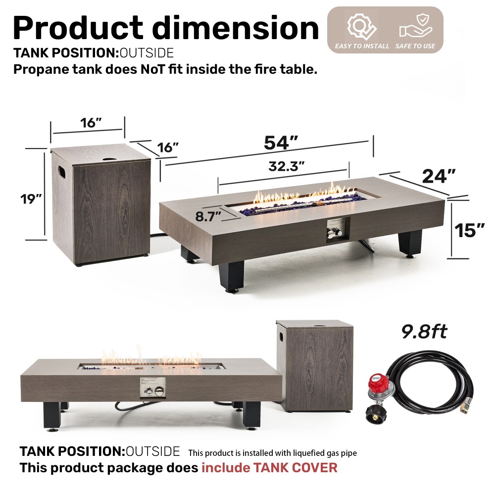 54" Rectangular Propane Fire Pit Table 50K BTU Low-Profile Modern Patio Heater