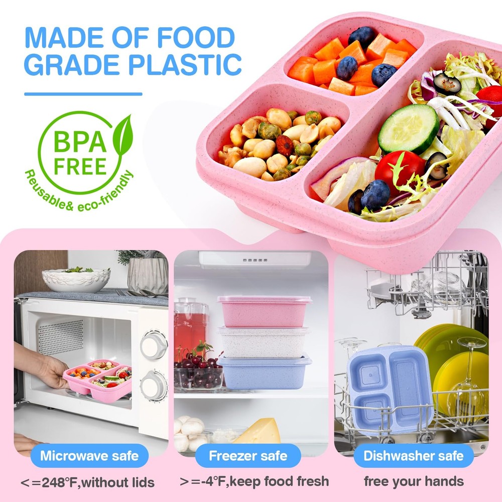 Bento Box [Portion Size], 3 Pack Snack Containers with 3 Compartments for Mea...