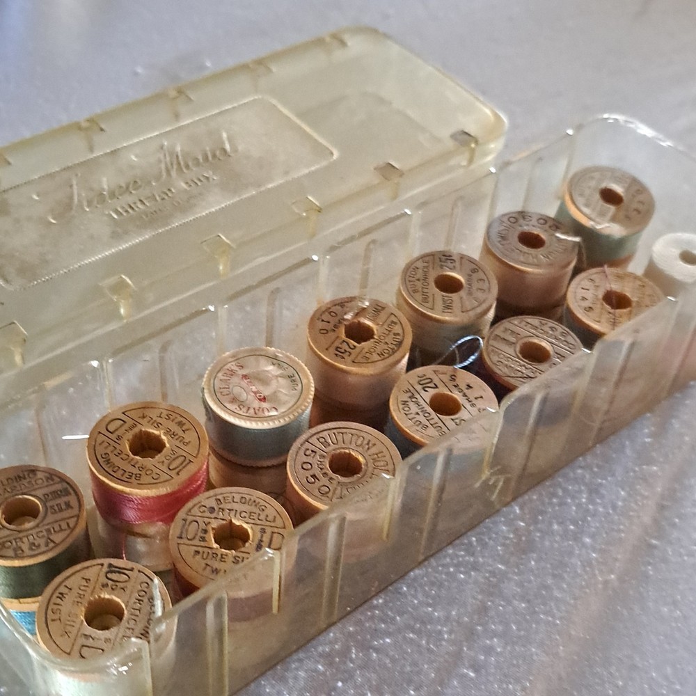 Vintage Sewing Thread, Wood Spolls & Storage Box