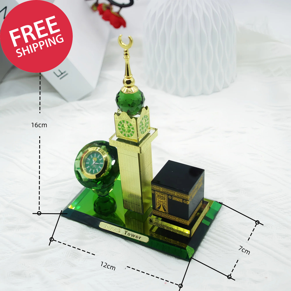 Islamic Crystal Kaaba Clock Tower Desktop Figurine Religious Ornament Eid Gift
