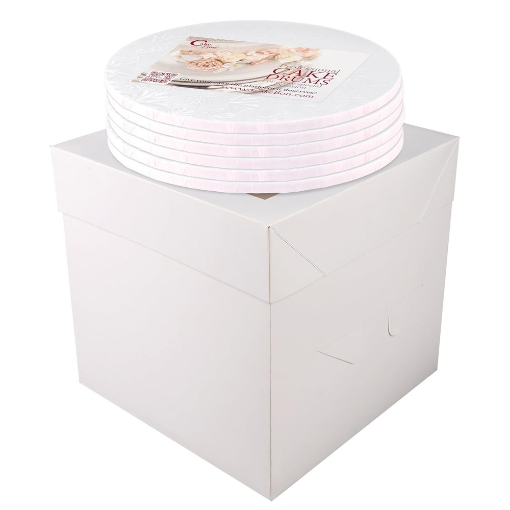 Cakebon Cake Boxes with Drums (White, 8 inch) 1/2" Thick (6-pack) 6-pack