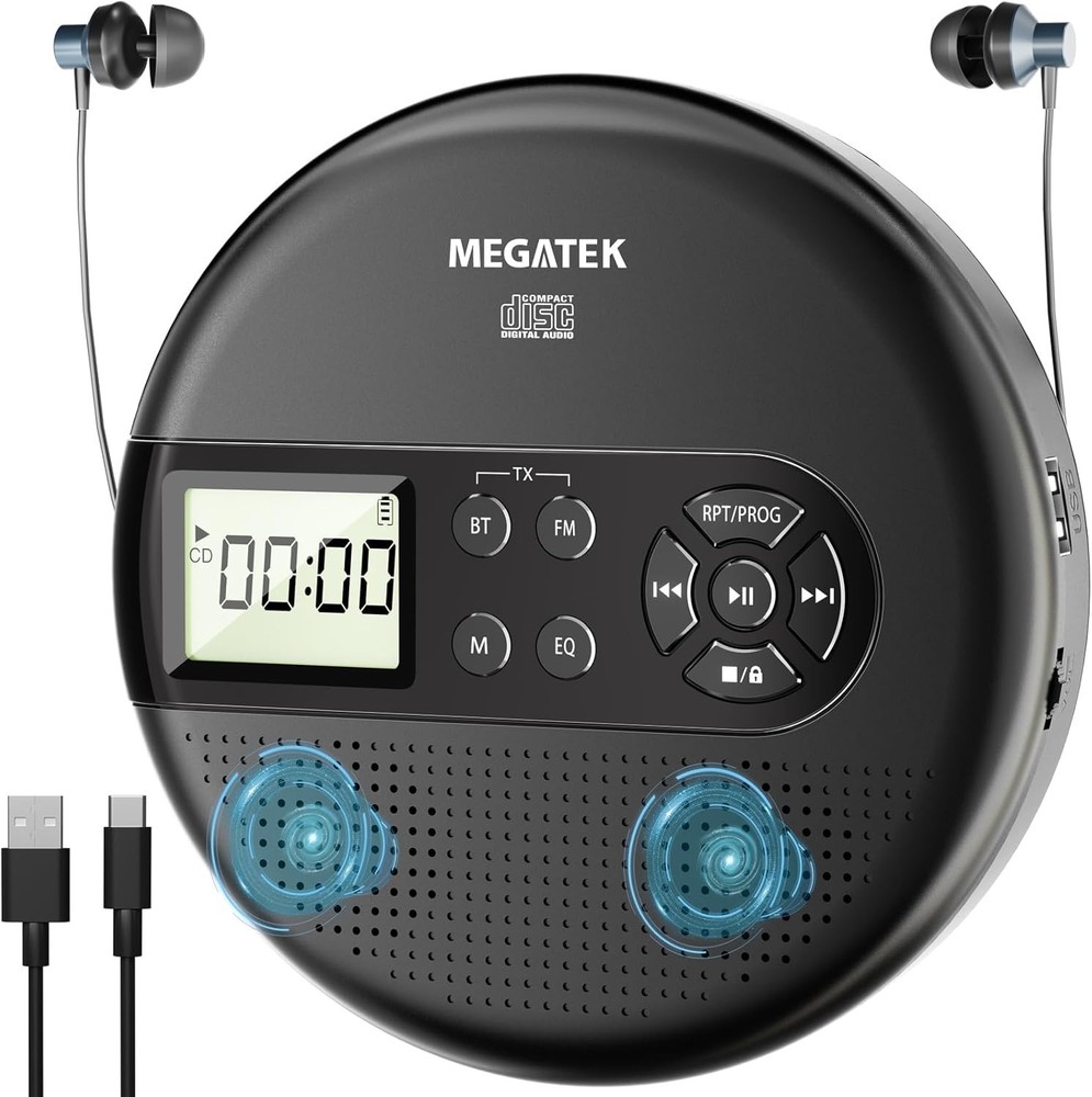 Portable Bluetooth CD Player for Car with FM Transmitter & Rechargeable Battery