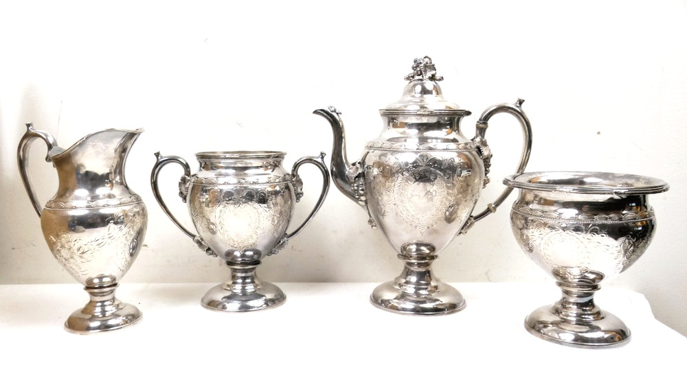 Rogers, Smith & Co Reed & Barton Blanks Silver Plate Tea Set Grape Pattern 1850