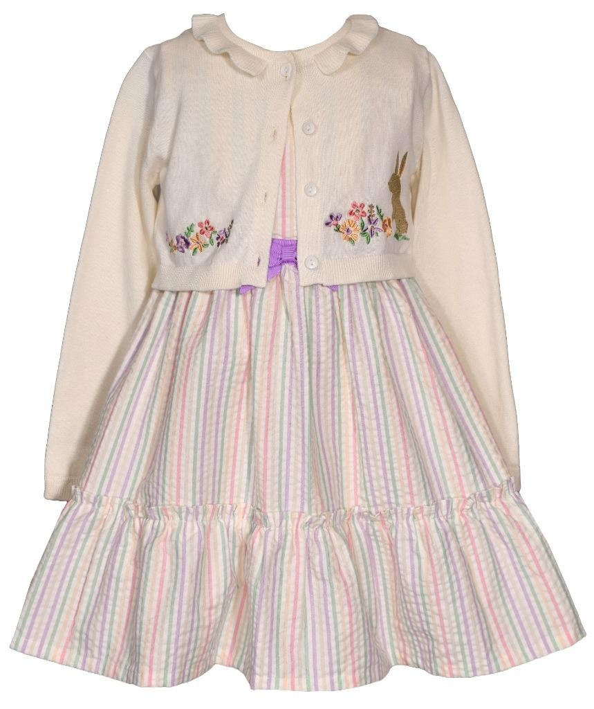 NEW Bonnie Jean Girls Size 4T "IVORY PASTEL BUNNY" Easter Dress Cardigan Set