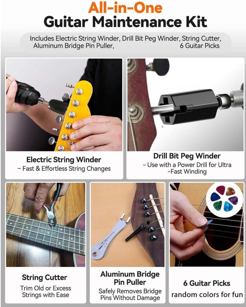 250RPM Guitar String Winder Tool with LED Light, String Cutter, Bridge Pin Pu