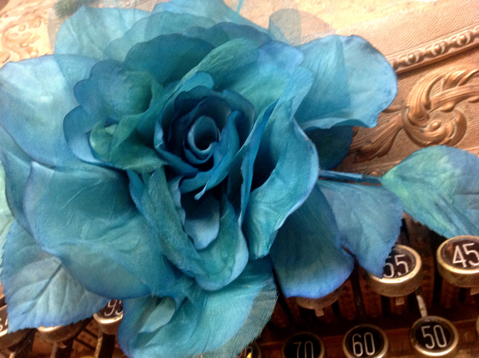 vintage silk 1950 turquoise 7" rose flower 1pc made in Czechoslovakia