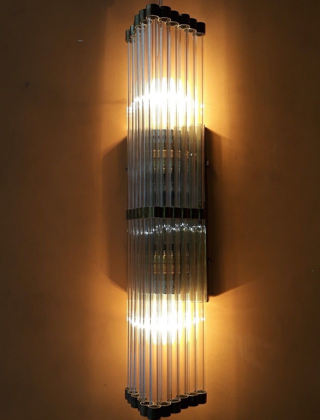 Old Vintage Art Deco Skyscraper Brass & Glass Rod Ship Light Wall Sconces Lamp