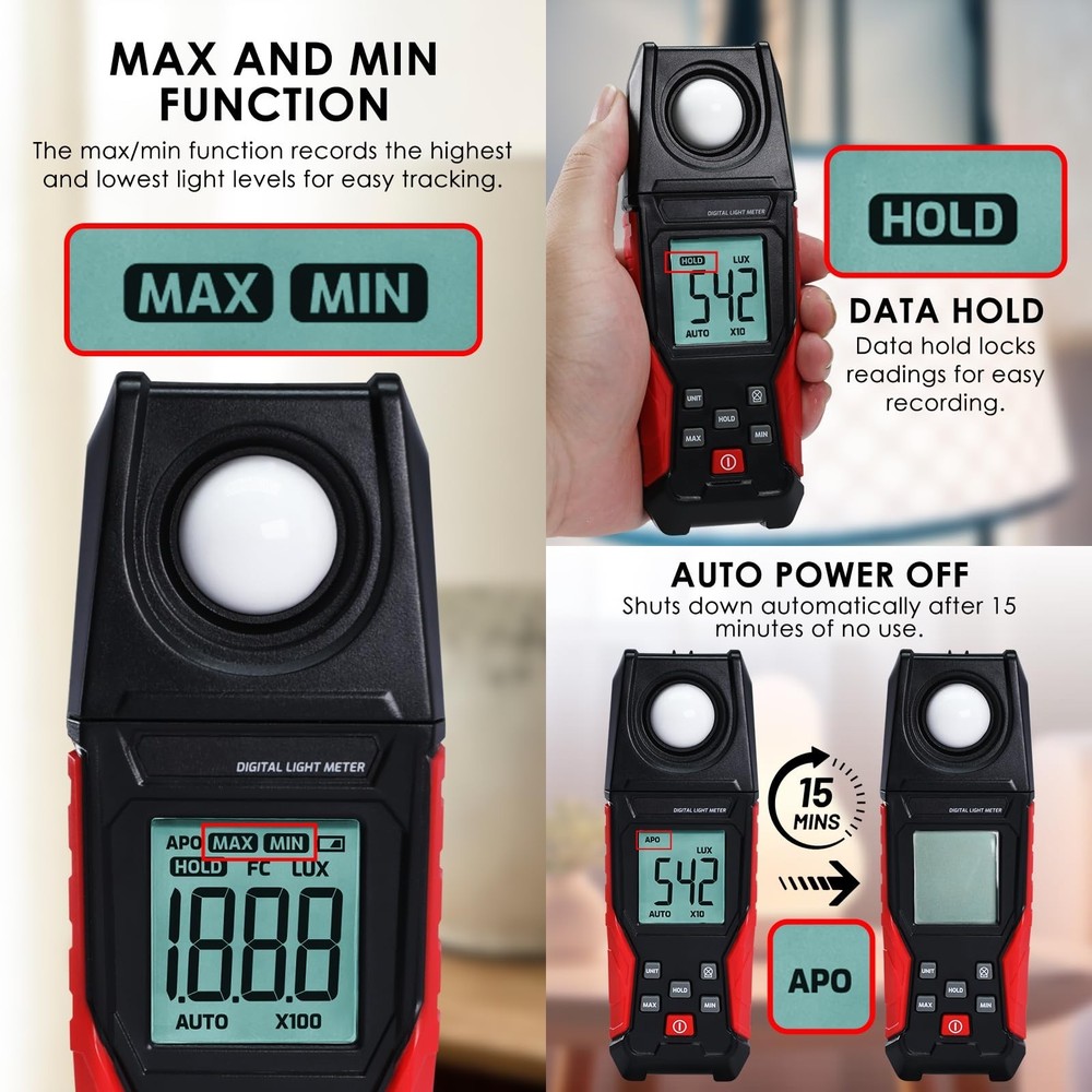 Light Meter Digital Illuminance Light Lux Meter Handheld with Large LCD Displ...
