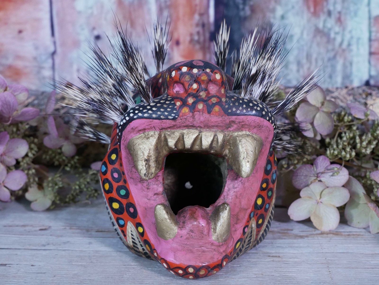 Leopard Jaguar Mask Wood & Boar Hair Whiskers Handmade Nahua Mexican Folk Art Sm