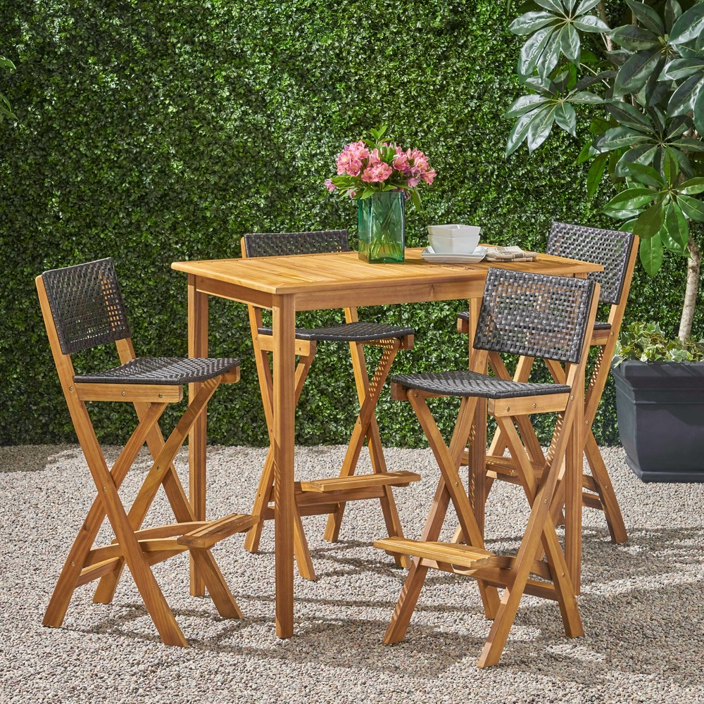 Elizabeth Outdoor 45" Rectangular 5 Piece Wood and Wicker Bar Height Set