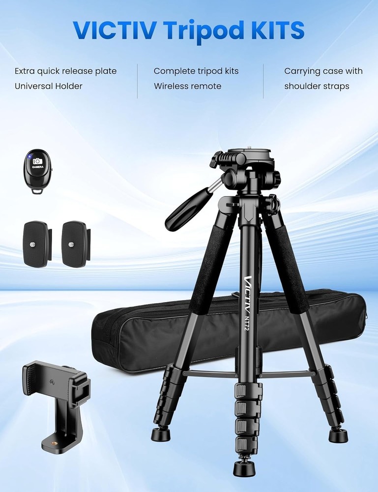 Lightweight Camera Tripod Stand, 72" Tall, Remote, Compact