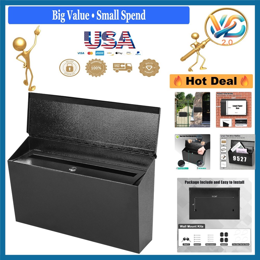 Locking Wall-Mount Mailbox Large Capacity Steel Post Box with Keys Black