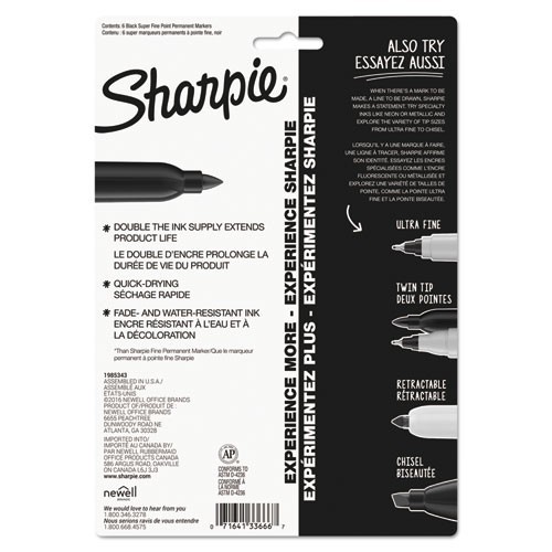 Sharpie 33666 Super Permanent Marker, Fine Bullet Tip, Black, 6/Pack