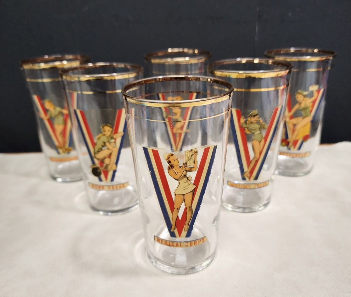6 WWII Victory Drinking Glasses  Pinup Girl V is for Victory Vintage 1942