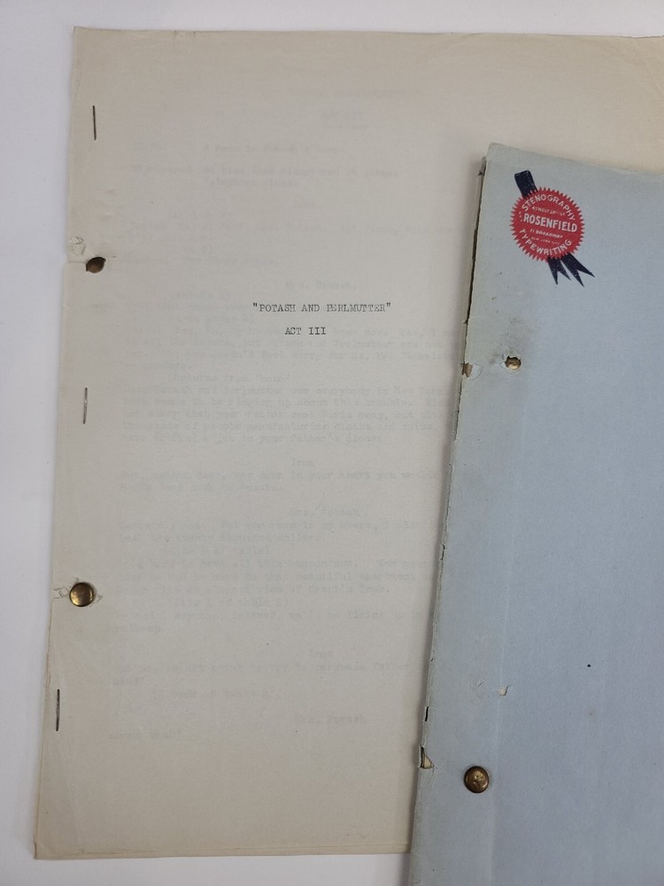 POTASH AND PERLMUTTER / 1914 Broadway Play Script, produced by A. H. Woods