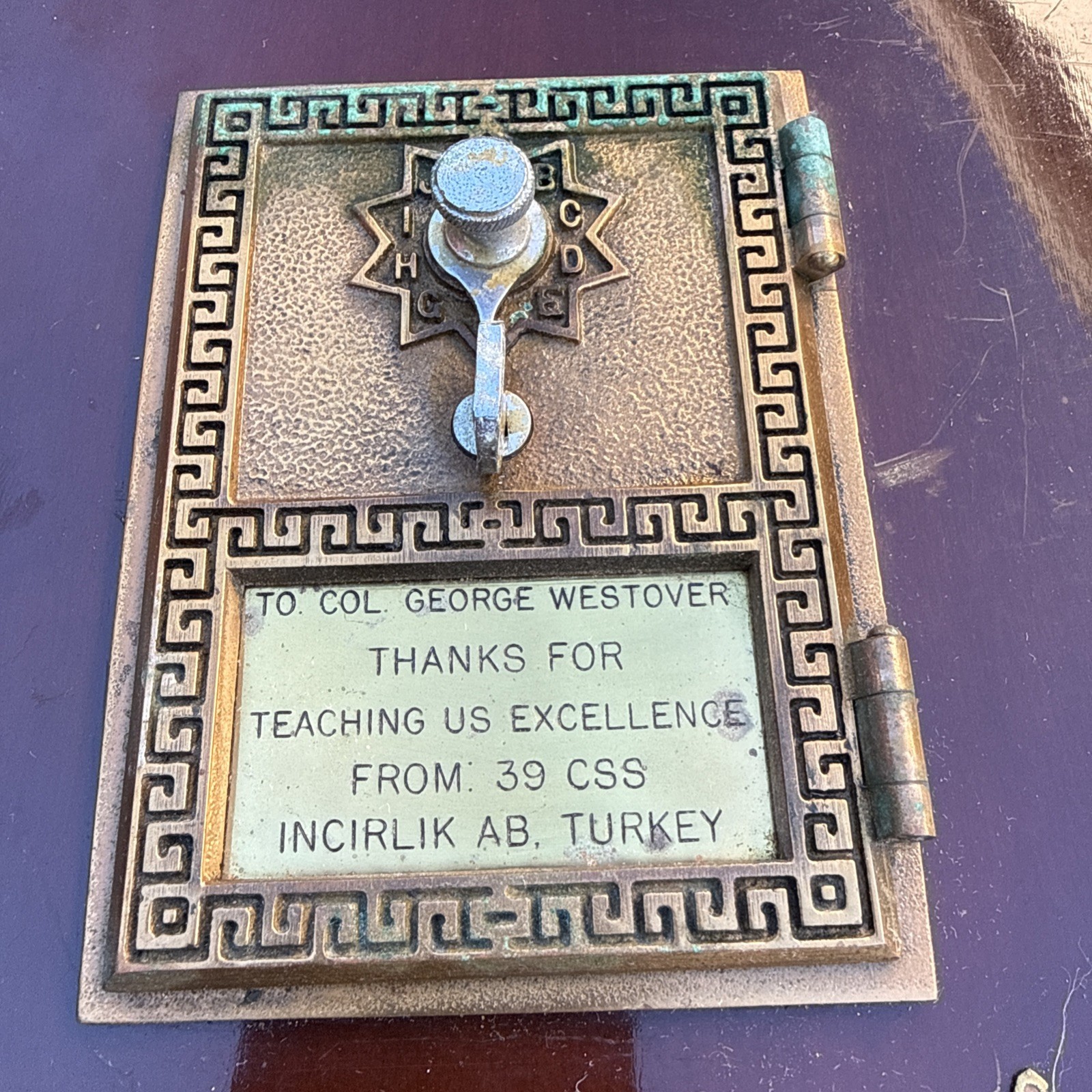 Vintage Brass Post Office Door Plaque-Col. Westover Incirlik AB Turkey