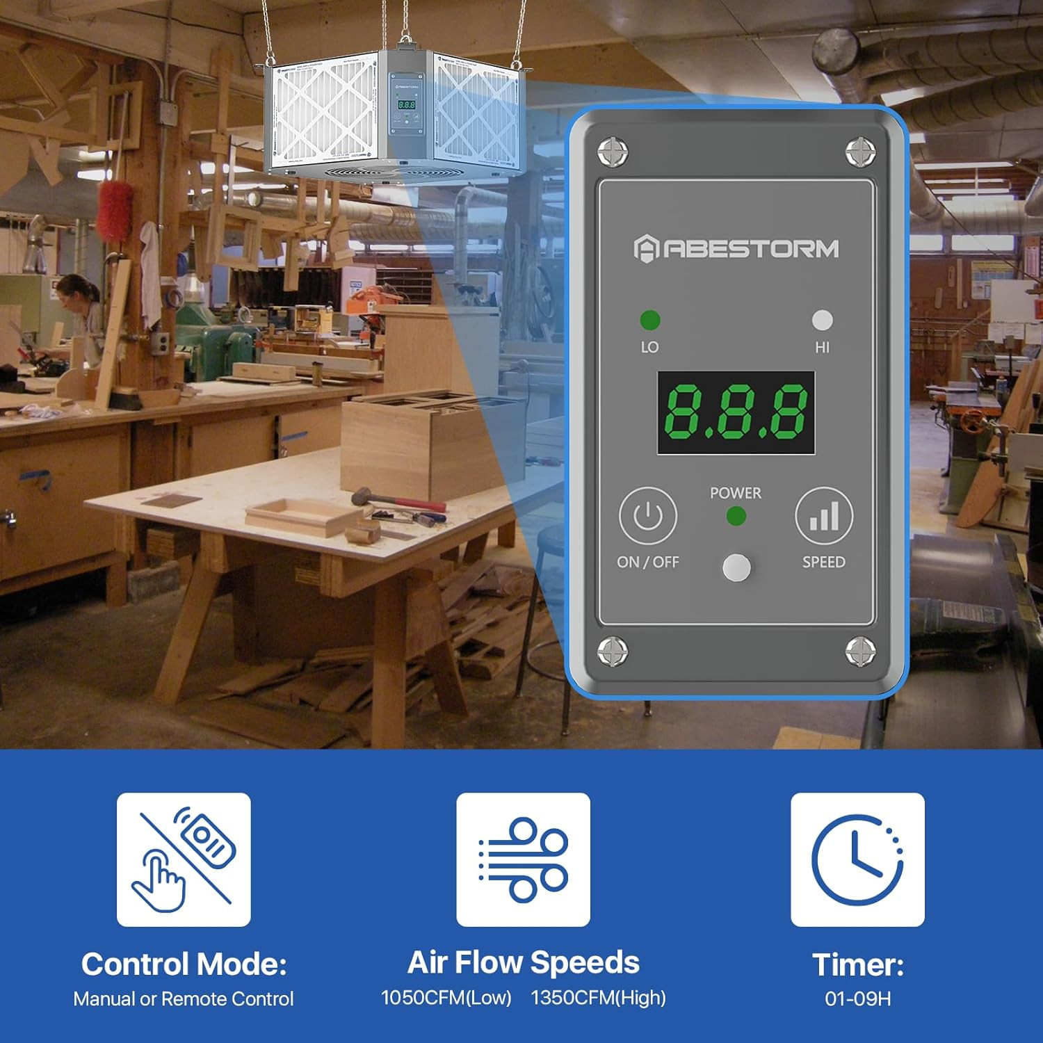 360 Degree Intake Air Filtration System Woodworking 1350 CFM Hanging Air Filter,