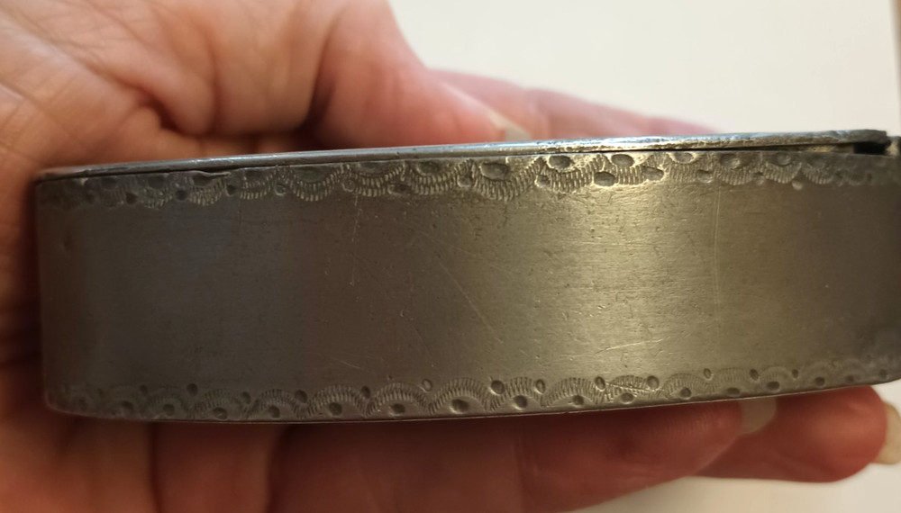 Antique Pewter Snuff Box Hinged Monogram Etched Decorated
