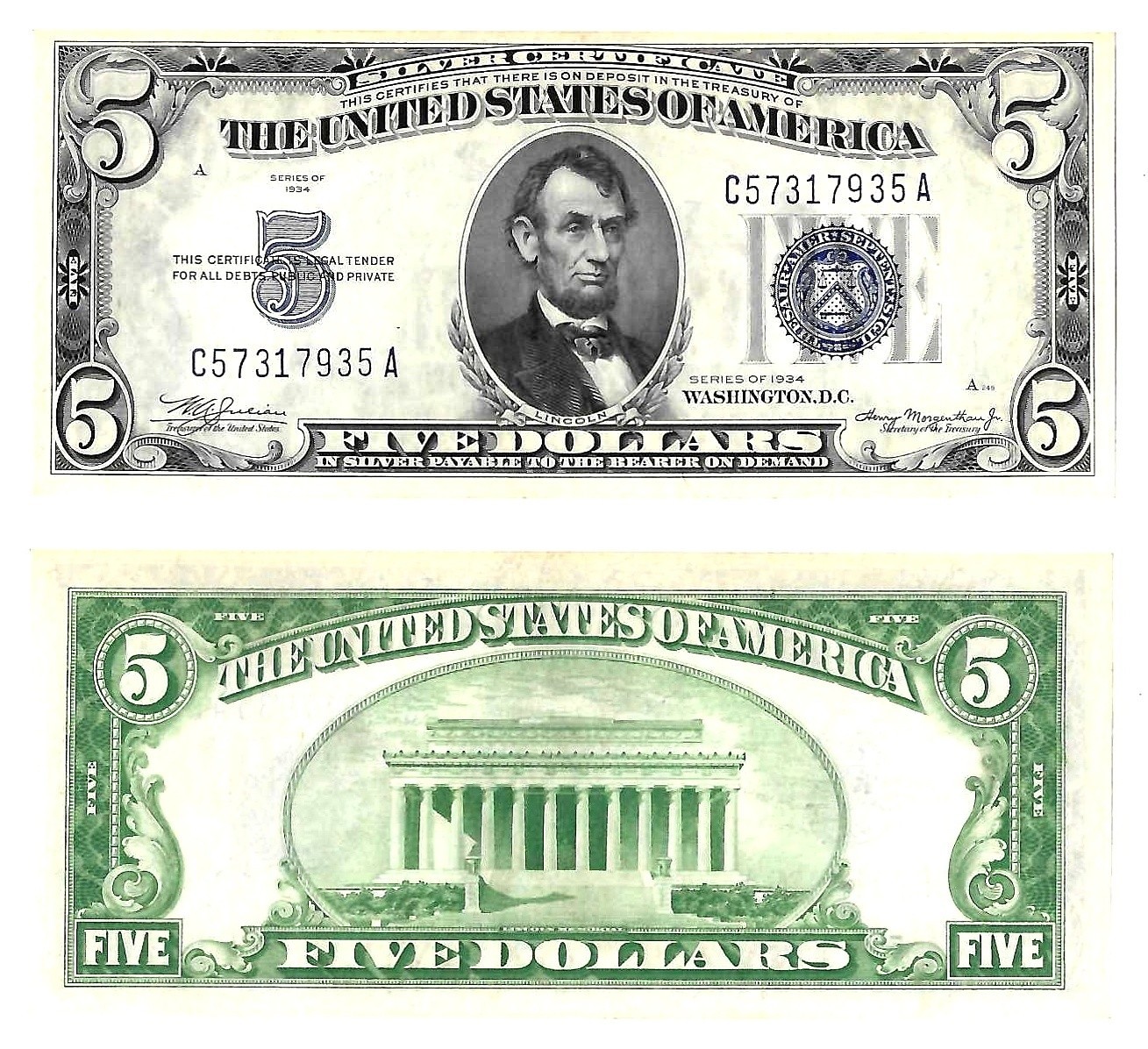 1934 $5 Silver Certificate Fr. 1650 AU #7935