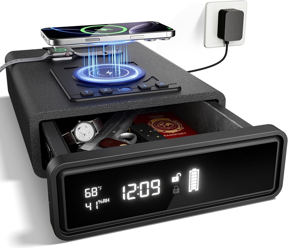 Biometric Safe with Wireless Charging, 3 Access Methods to Unlock, Nightstand Dr