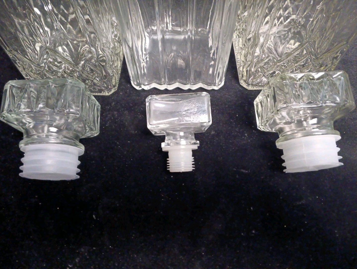 3 Square Heavy Crystal Glass 1 Glass Decanter 9"x3.5" Stoppers Great Condition