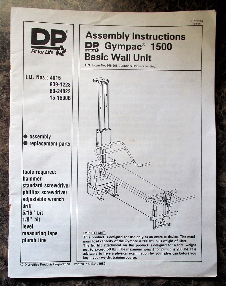 DP GYMPAC 1500 WEIGHT LIFTING EXERCISE MACHINE ASSEMBLY INSTRUCTIONS MANUALS