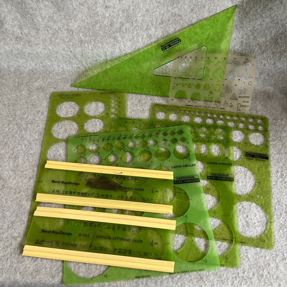 Lot/8 Vtg Drafting Templates RapiDesign Large Circles Lettering Guide Triangle