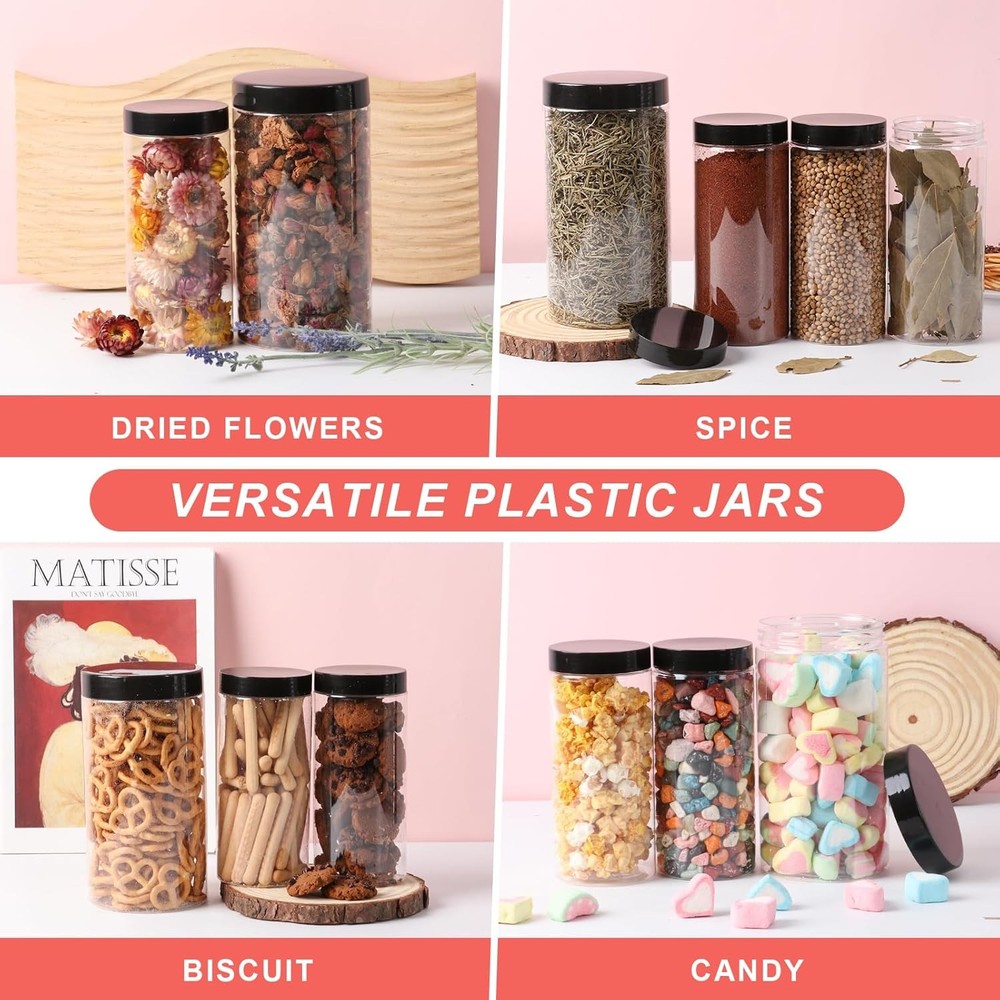 Plastic Jars with Lids 16 oz 24Pack Empty Clear for Storage Round Leakproof