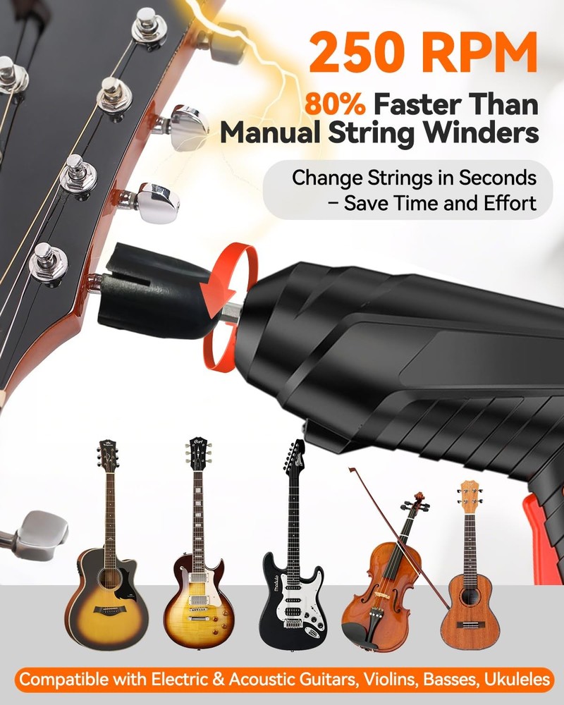 250RPM Guitar String Winder Tool with LED Light, String Cutter, Bridge Pin Pu...
