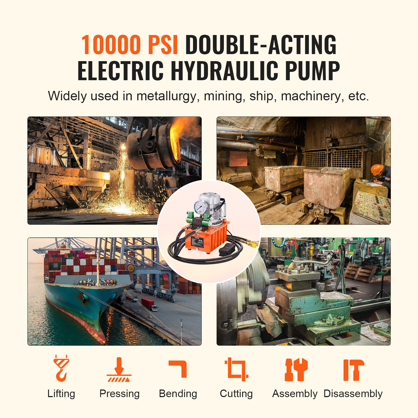 Electric Hydraulic Pump Double Acting Oil Pump 10000 PSI 8L Solenoid Valve