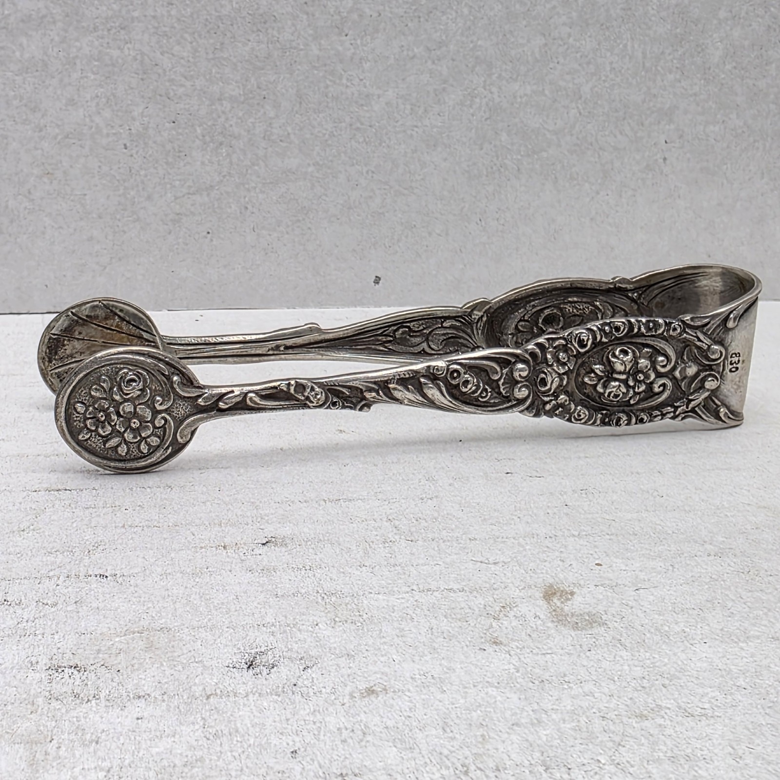 Antique German 830 Silver Sugar Tongs - Ornate Hildesheimer Rose Pattern - 4"
