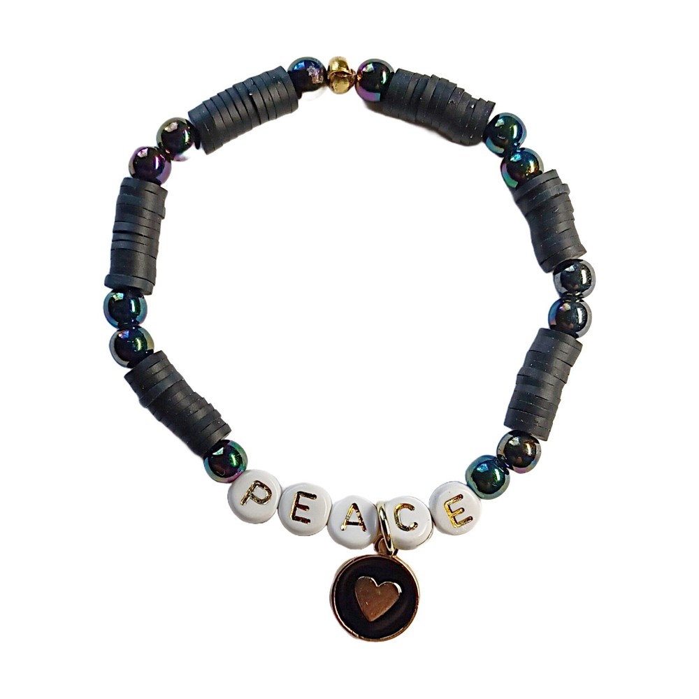 Black Disc Beaded Bracelet with Heart Charm
