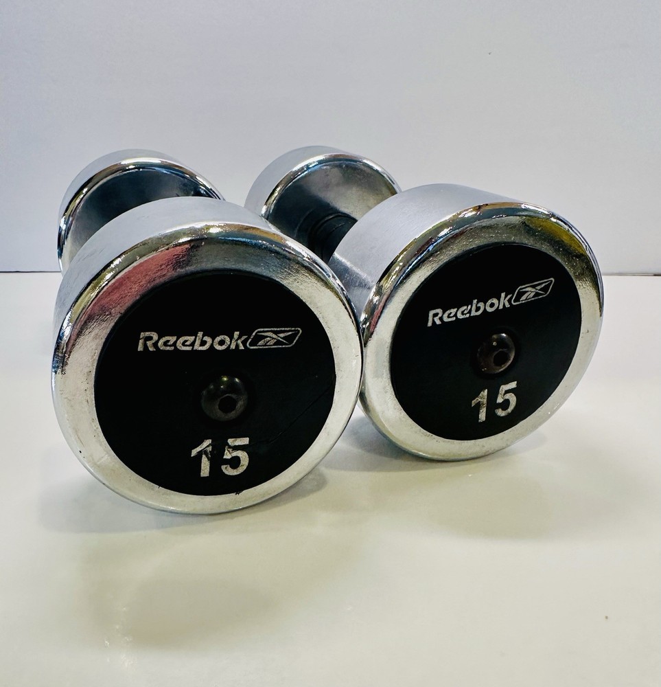 2 Vintage Reebok Chrome Round Head 15 LBS Dumbbells