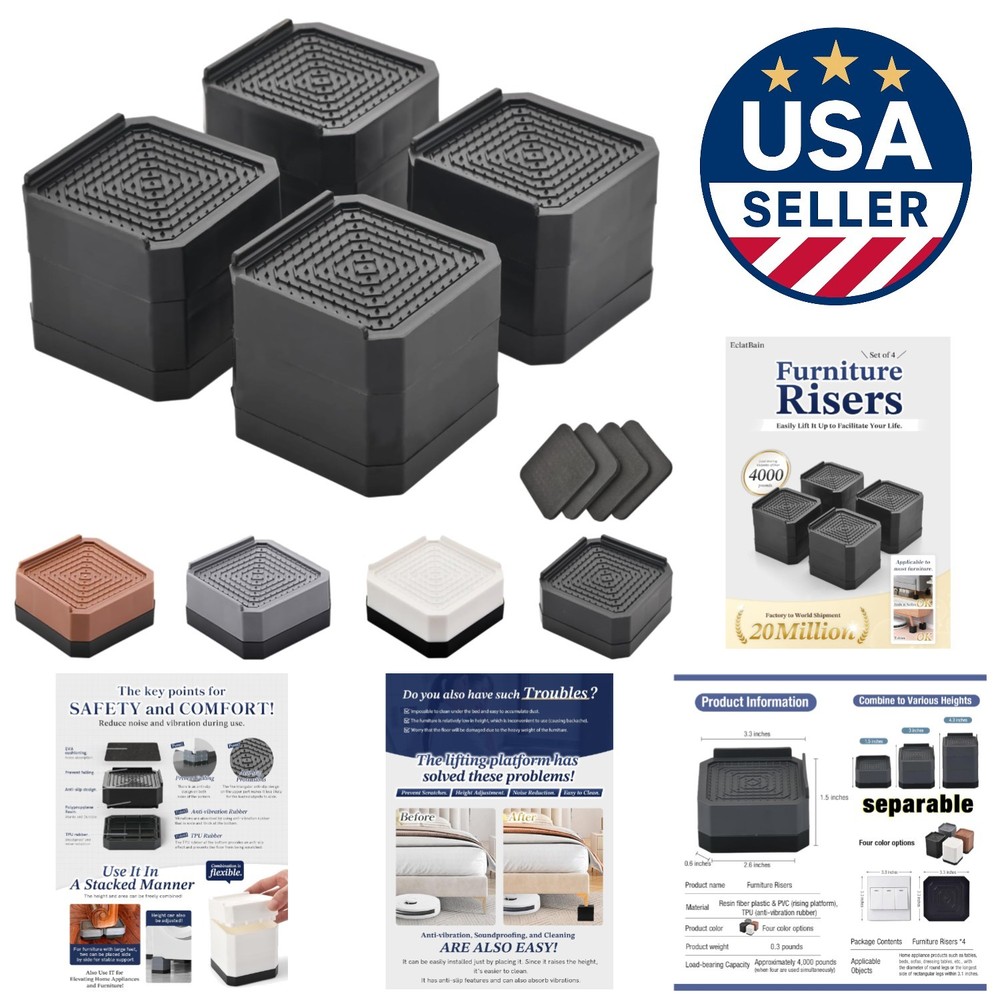 Adjustable Furniture Elevators with Shock Absorption - 4 Pack Black Risers