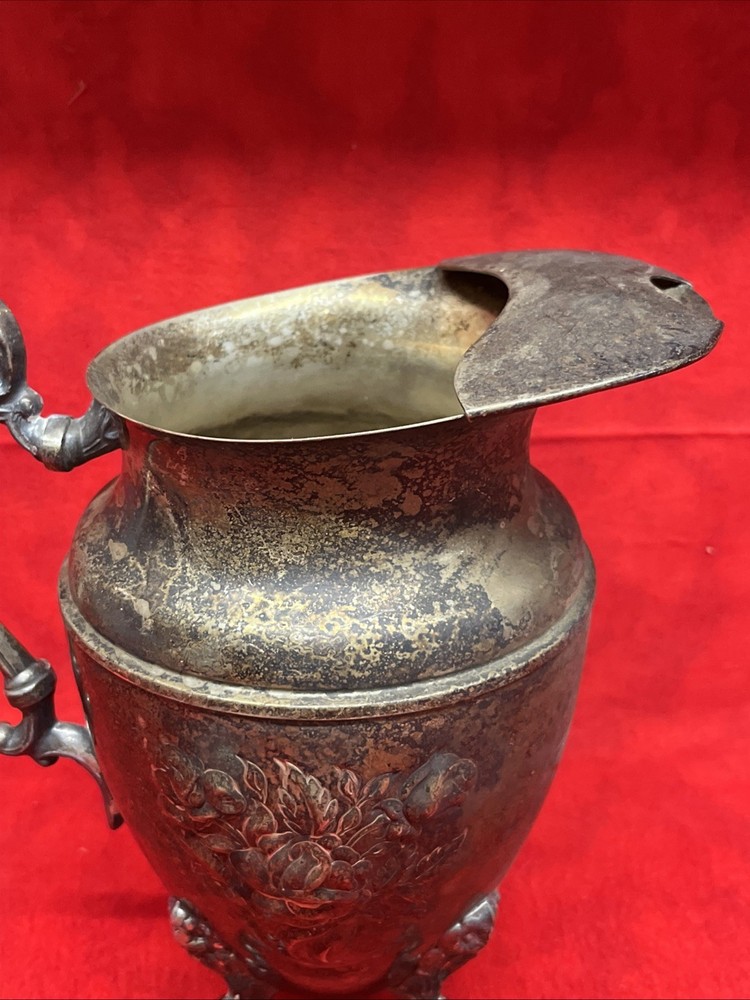 VINTAGE CHASED by SHERIDAN SILVER PLATED LIPPED ORNATE FOOTED PEDESTAL PITCHER
