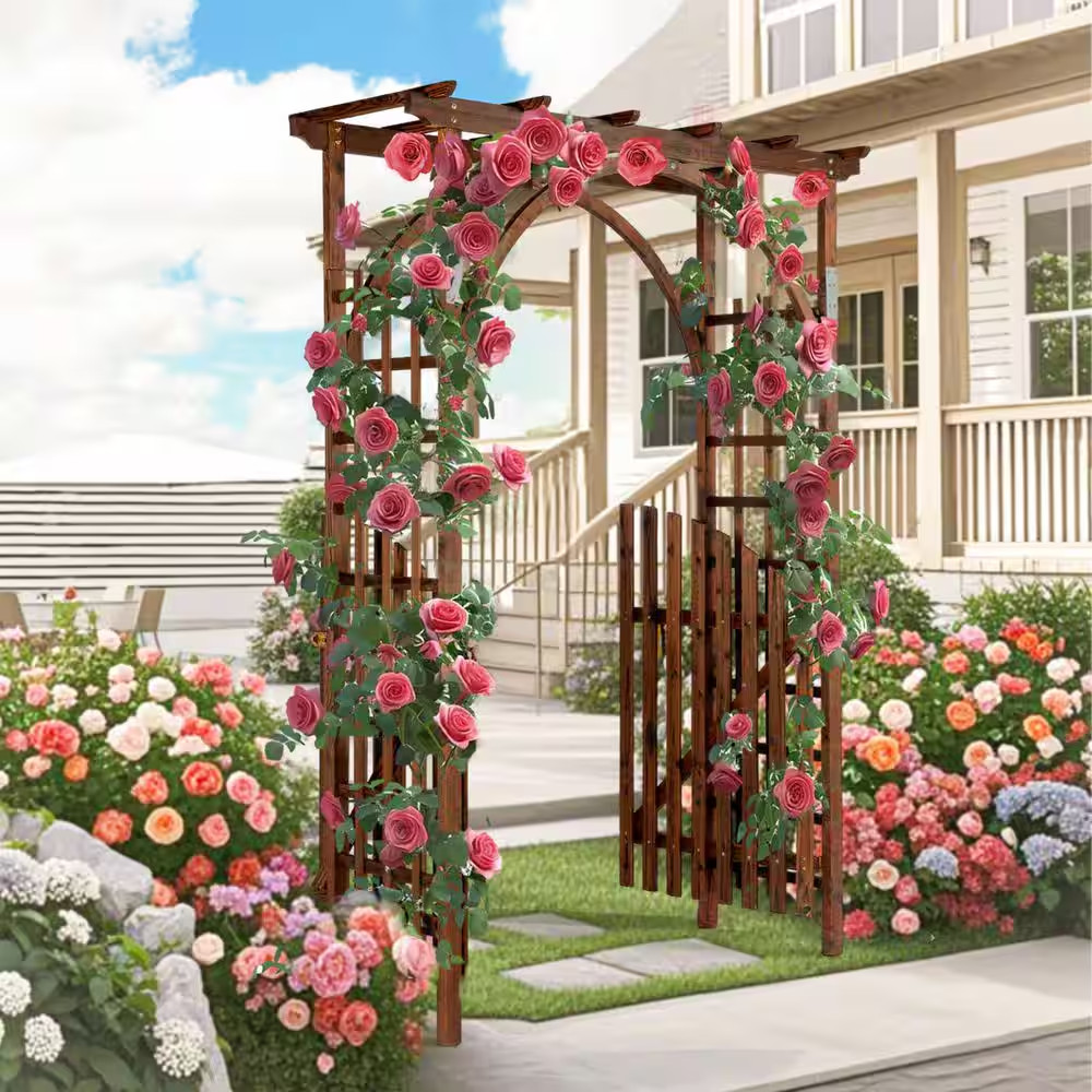 85 In. X 63 In. Tan Wood Garden Arbor with Door