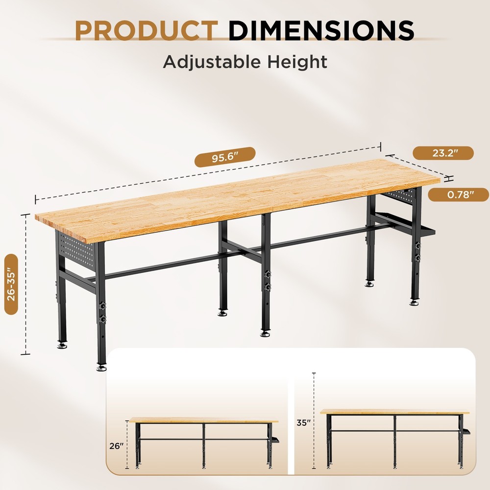 96" Adjustable Workbench with Side Pegboard Garage Work Table with Storage Box