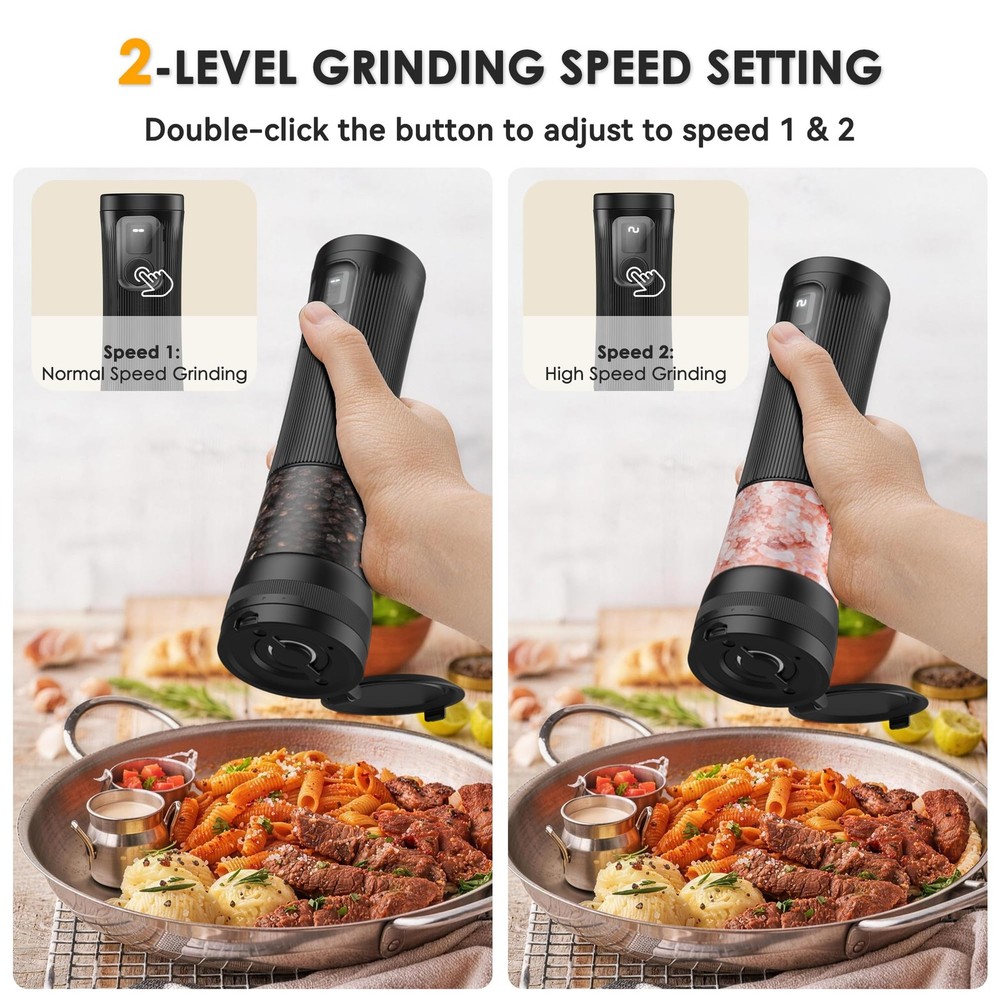Salt and Pepper Grinder Set, Upgrade 2-Speed Setting, External 5 Adjustable C...