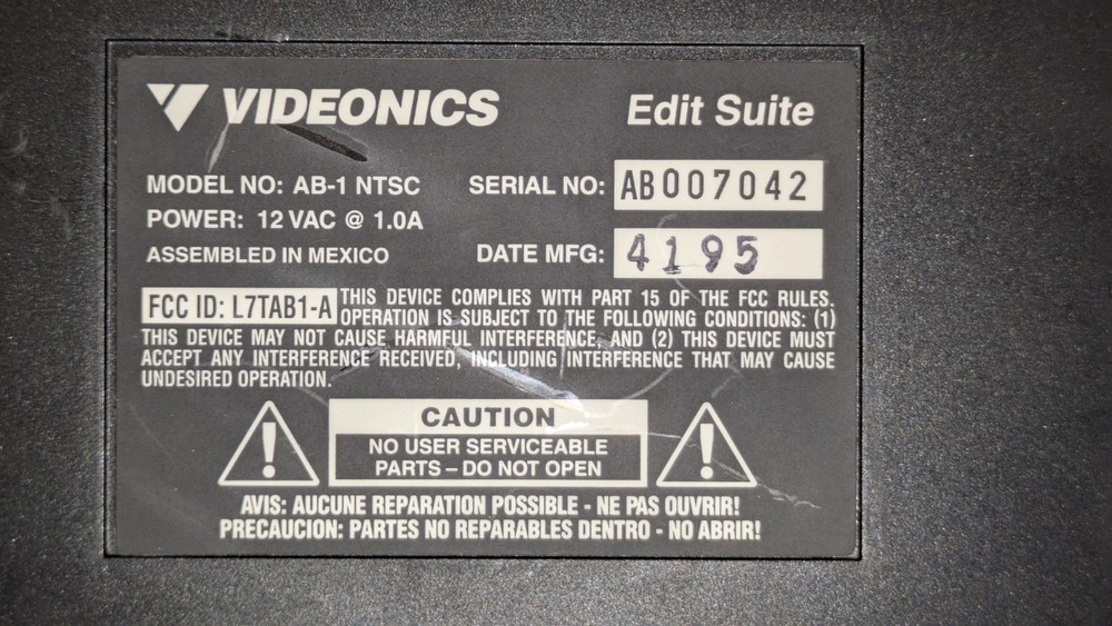 Videonics Edit Suite AB-1 NTSC Roll Edit Controller Video Editing Equipment