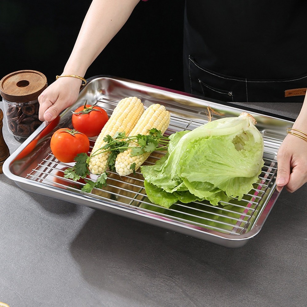 3pcs Oven Pan Stainless Steel Rectangular Heavy Duty Deep Edged Tray