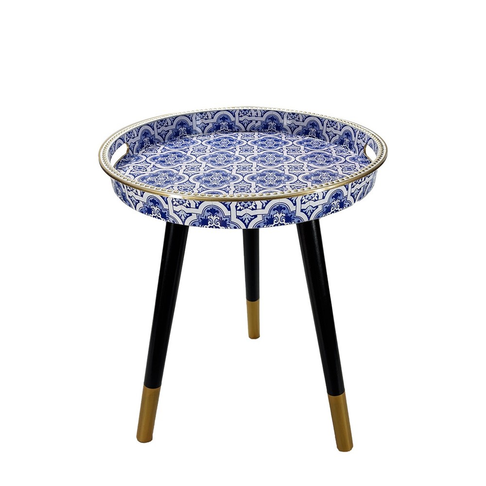 Round Accent Side Table Blue White Pattern Gold Trim Removable Legs